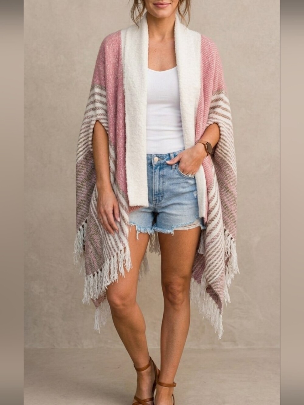 By Anthropologie Cardigan Poncho Kimono Wrap One Size Pink Cream Western Boho